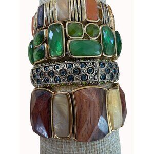 Lot Of 4 Stretch Bracelets With Green Orange & Brown Gemstone Accents & Gold-Ton